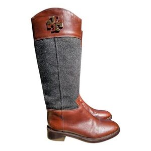 Tory Burch Lowell Gray Wool Brown Cognac Leather Knee High Zip Riding Boots 10